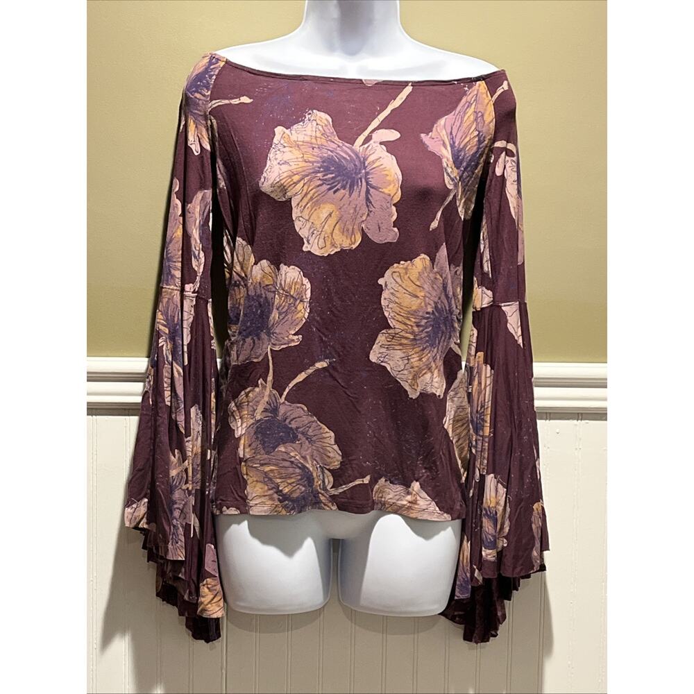 We The Free Floral Off‑Shoulder Top – Purple Burgundy Batwing Boho Shirt M